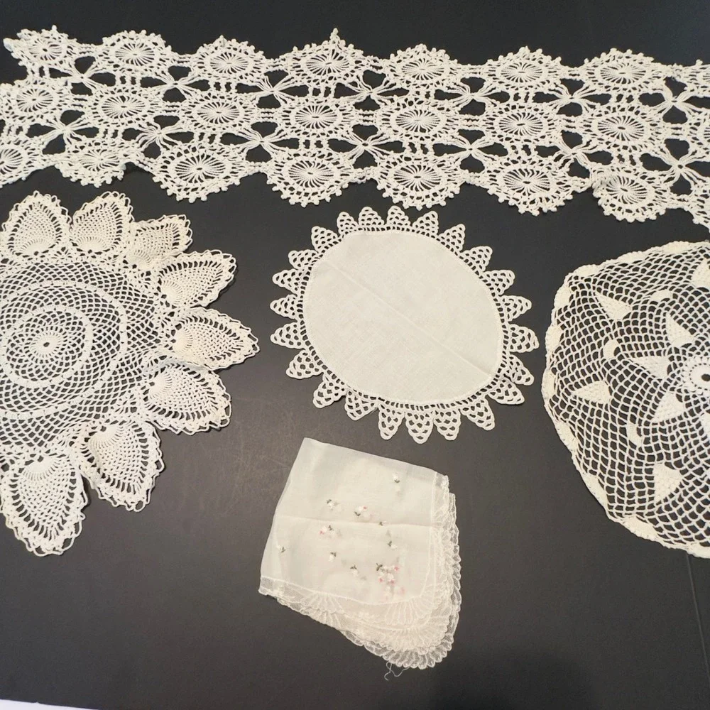 Vintage Crochet Doily Table Runner Handmade Lace 5pc Mixed Set Cottagecore Chic